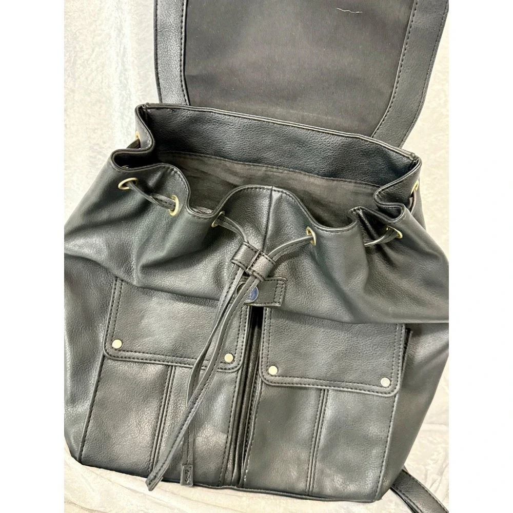 Franco Sarto Joslyn Black Vegan Leather Drawstring Backpack Gold Hardware Bag